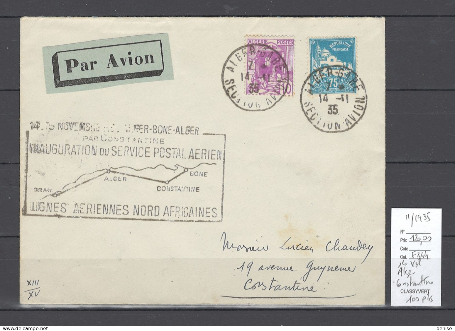 Algérie - 1er Vol Alger - Constantine - 14/11/1935 - - Airmail