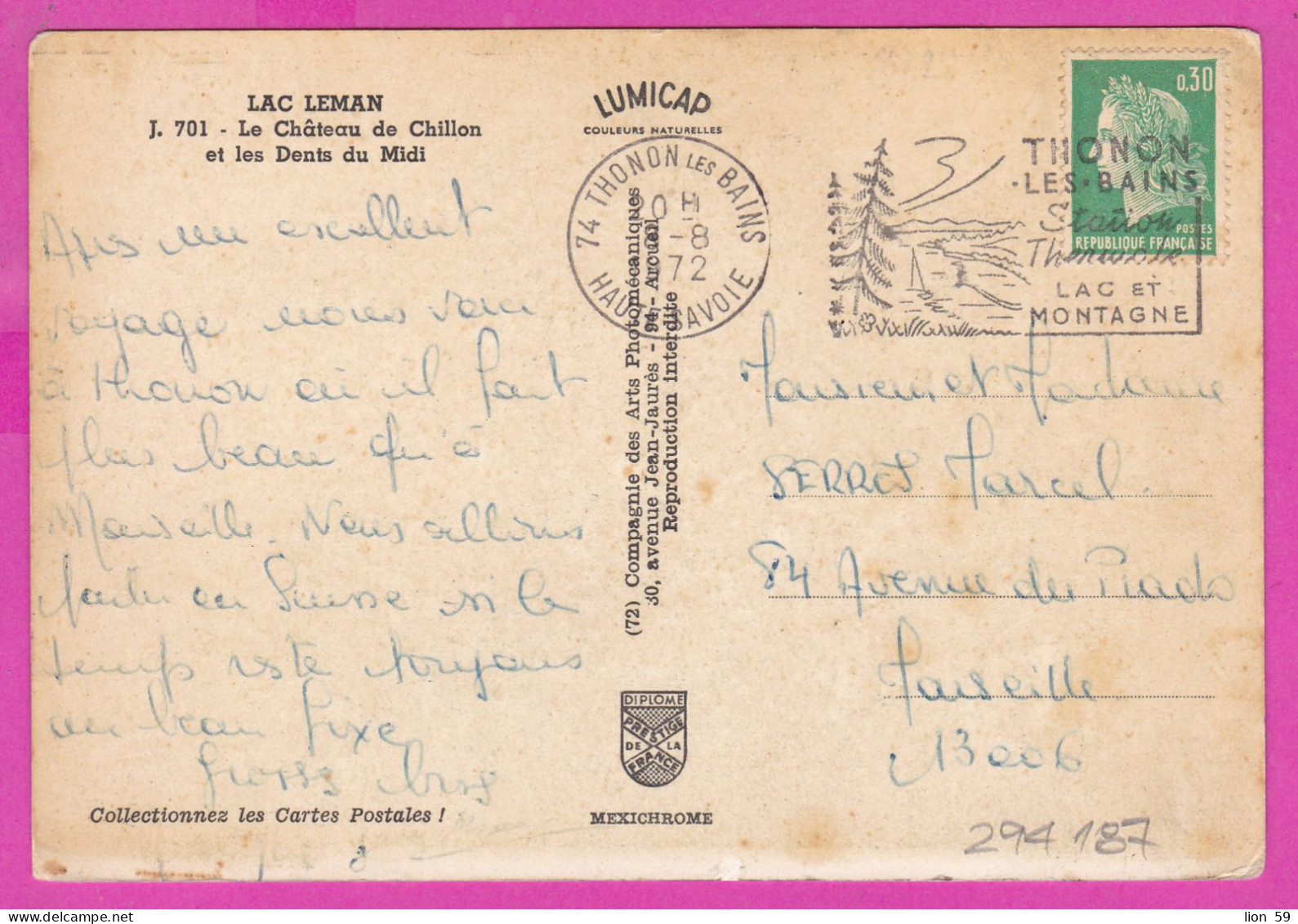 294187 / France - Lac Leman Chateau De Chillon PC 1972 USED 0.30 Fr. Marianne De Cheffer Flamme THONON LES BAINS / STATI - 1967-1970 Marianne Of Cheffer