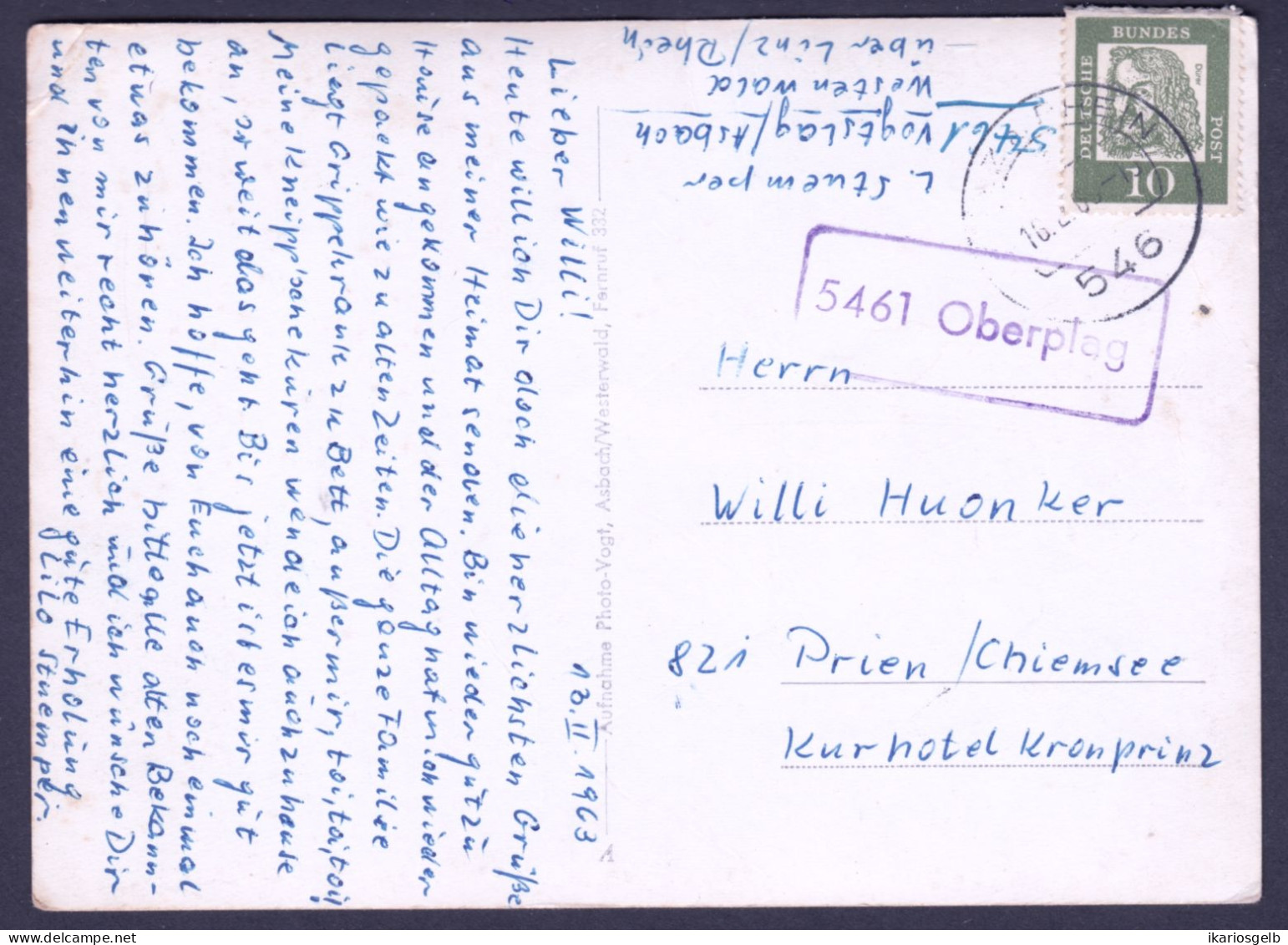 5461 OBERPLAG über ASBACH Krs Neuwied 1964 LANDPOSTSTEMPEL Blau 10Pf-Dürer A.9-geteilter AK ASBACH  > Prien Chiemsee - Lettres & Documents