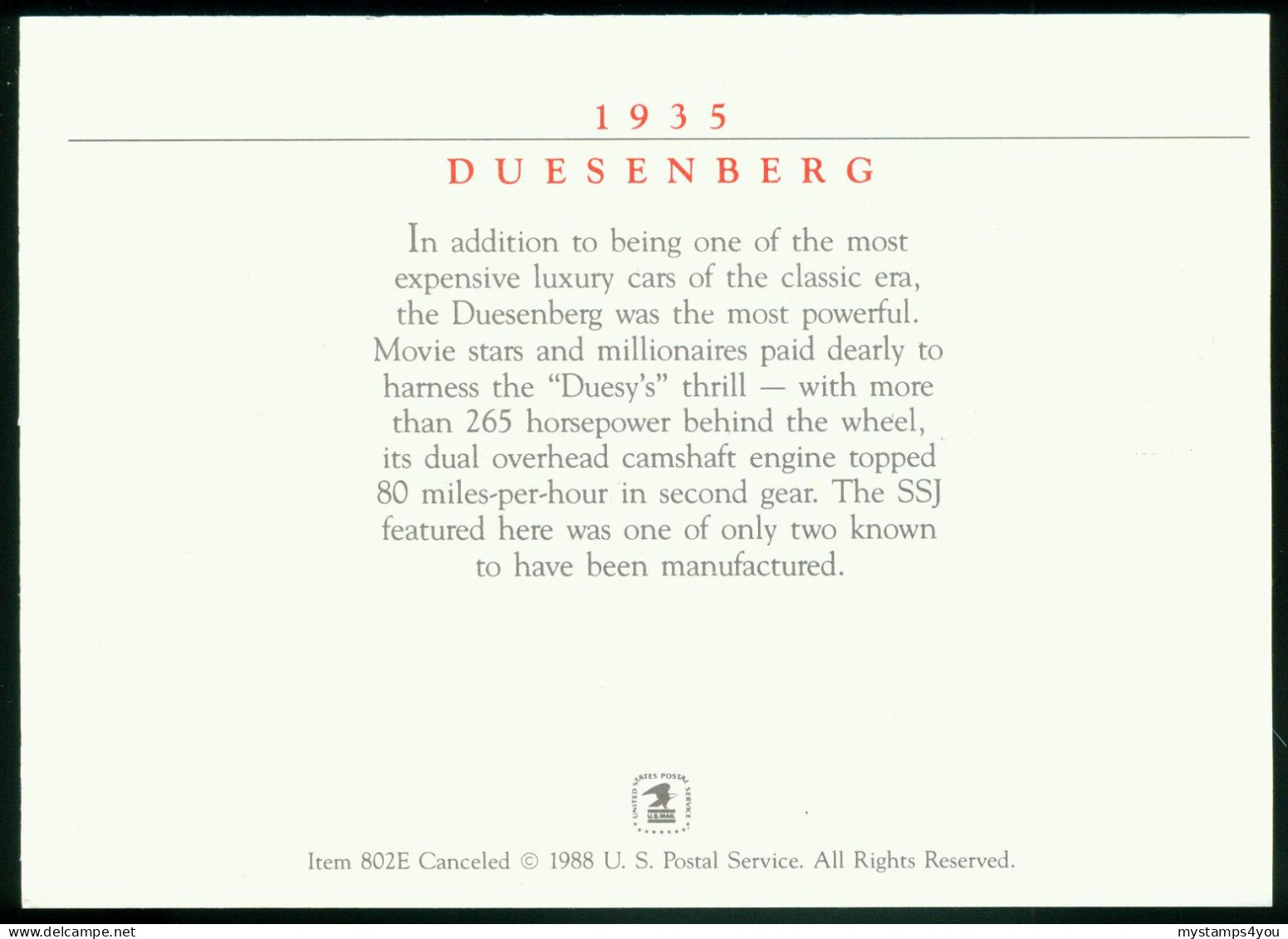 Mk USA Maximum Card 1988 MiNr 2001 | Classic Cars. Duesenberg (1935) #max-0071 - Cartes-Maximum (CM)