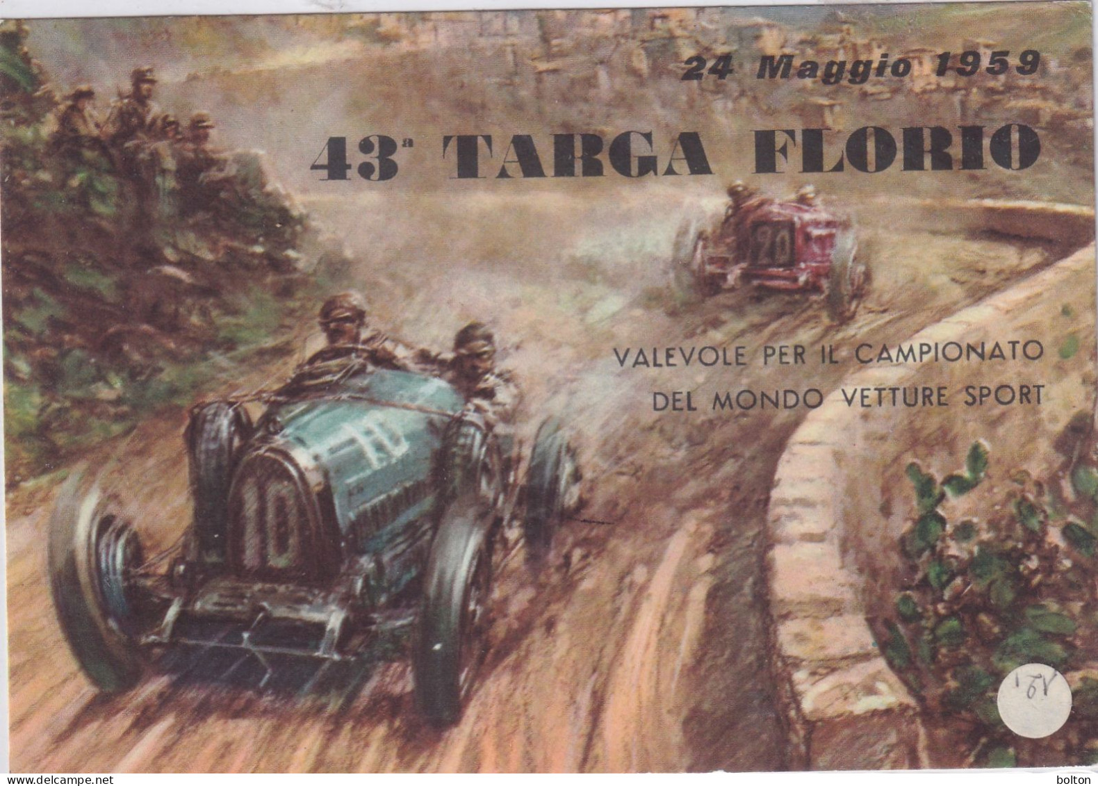 1959 CARTOLINA UFFICIALE E ANNULLO SPECIALE  PER LA 43à TARGA FLORIO - Auto's