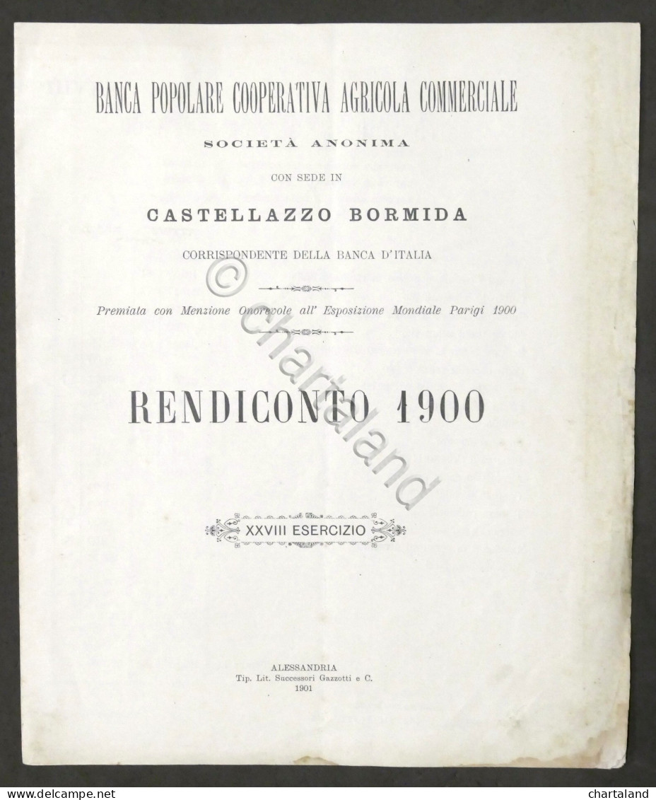 Banca Popolare Cooperativa Agricola Di Castellazo Bormida - Rendiconto 1900 - Autres & Non Classés