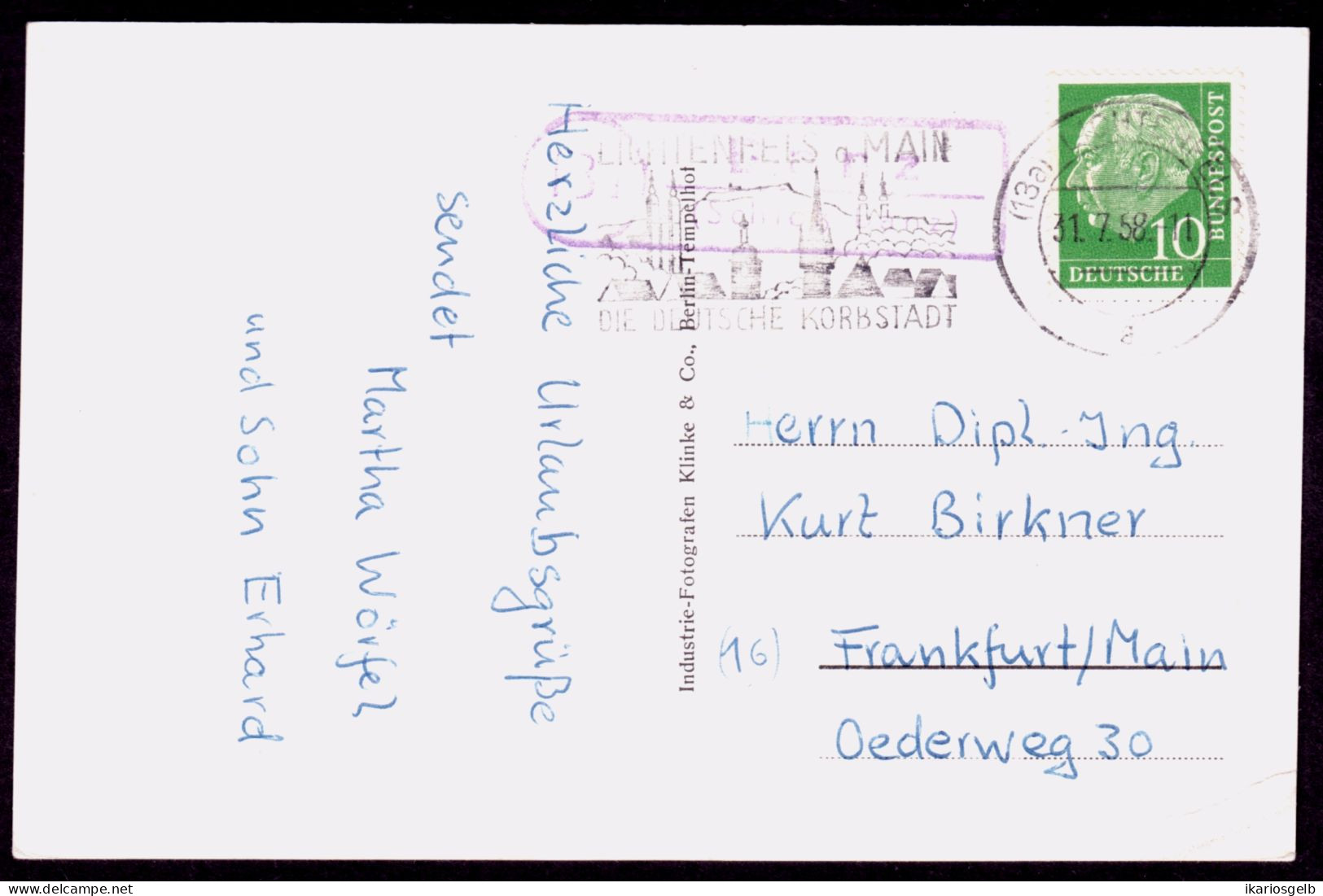 BANZ über SCHLOSS BANZ 1958 LANDPOSTSTEMPEL Blau 10Pf-Heuß I A. Vorkriegs-AK Schloß Banz  > Frankfurt - Lettres & Documents