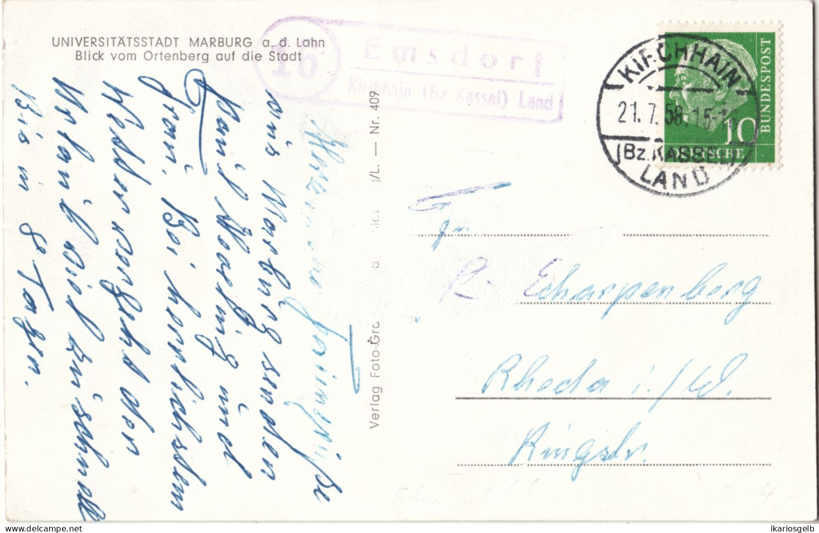 EMSDORF über KIRCHHAIN Bez Kassel Land 1958 LANDPOSTSTEMPEL Blau 10Pf-Heuß I A. AK Marburg > Rheda - Lettres & Documents