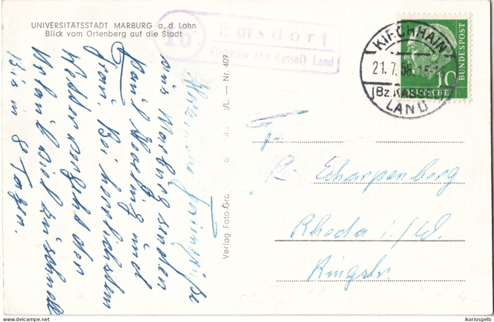 EMSDORF über KIRCHHAIN Bez Kassel Land 1958 LANDPOSTSTEMPEL Blau 10Pf-Heuß I A. AK Marburg > Rheda - Brieven En Documenten