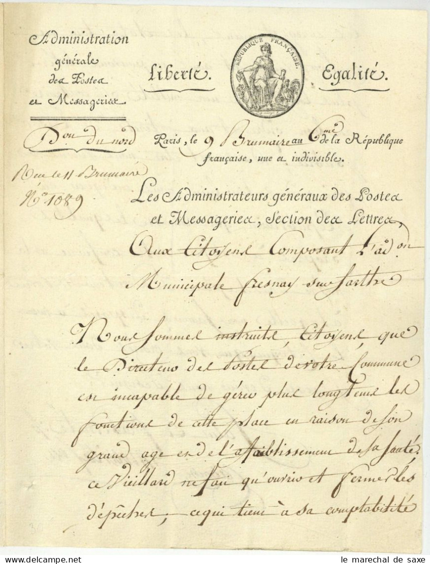 1797 Franchise SERVICE DES POSTES PS Des Administrateurs Generaux Des Postes - 1701-1800: Précurseurs XVIII