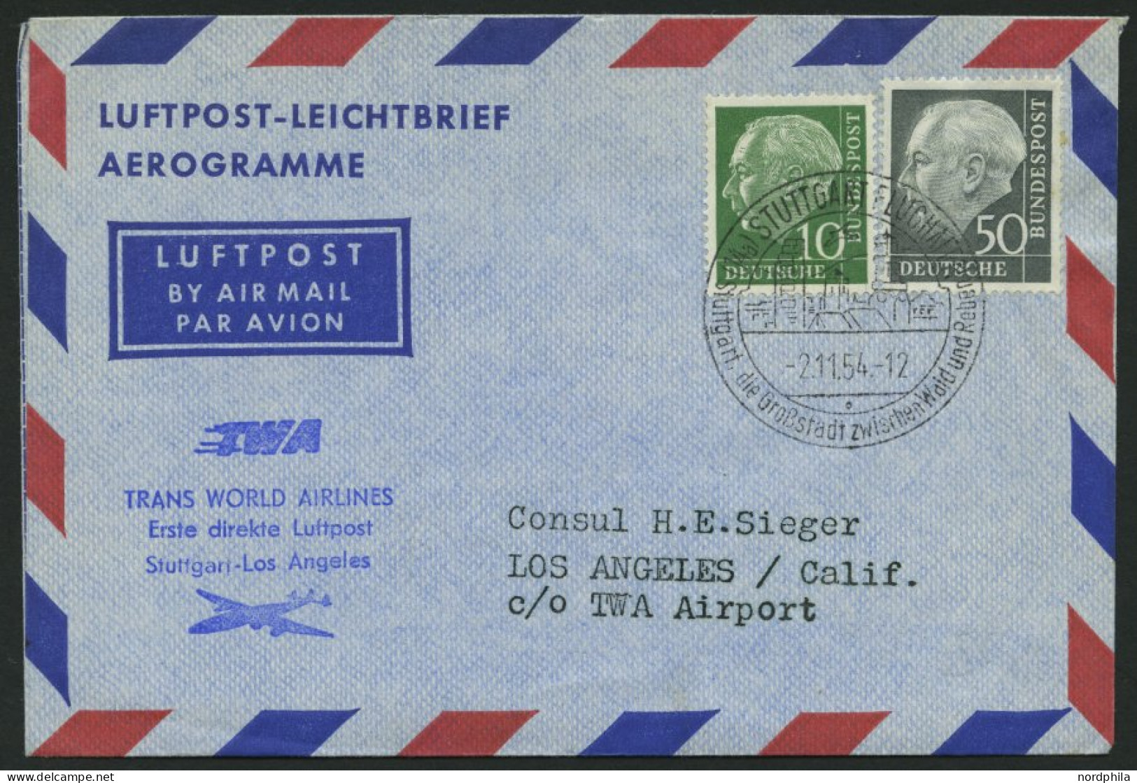 ERST-UND ERÖFFNUNGSFLÜGE 2493 BRIEF, 2.11.54, Stuttgart-Los Angeles, Prachtbrief - Storia Postale