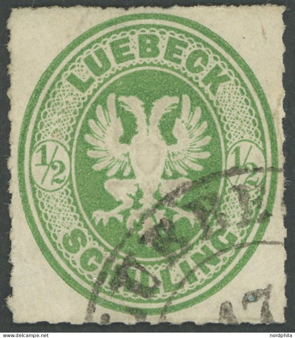 LÜBECK 8 O, 1863, 1/2 S. Dkl`gelblichgrün, Pracht, Mi. 90.- - Luebeck