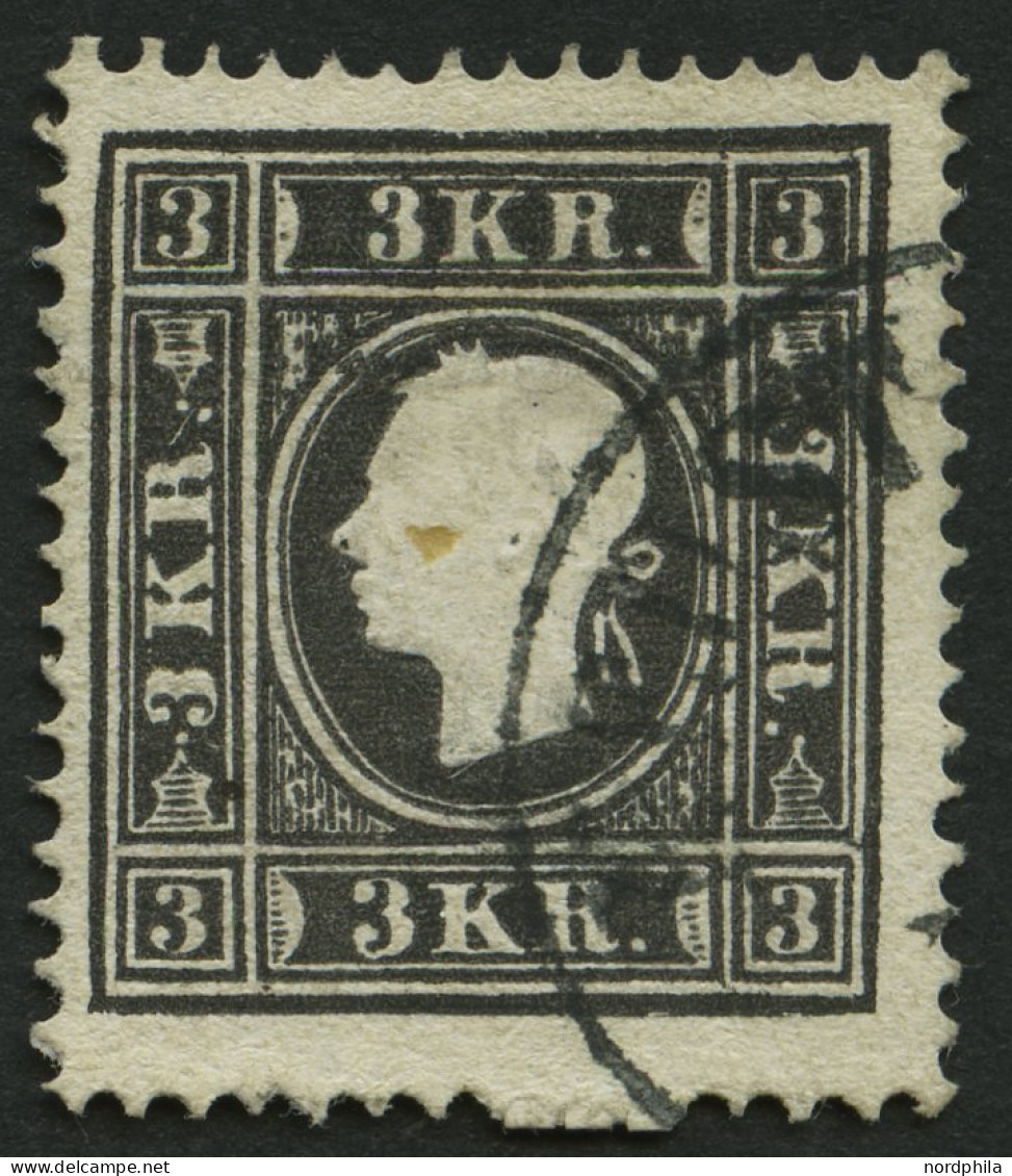 ÖSTERREICH 11II O, 1859, 3 Kr. Schwarz, Type II, Unten Drei Ausgelassene Zähnungslöcher, Pracht - Autres & Non Classés