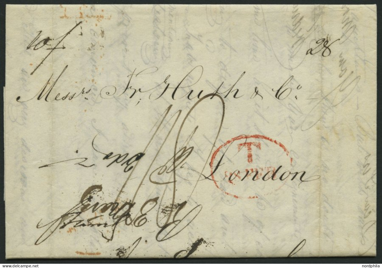 HAMBURG 1843, T 28. FEB, Rote Sonderform Auf Brief Von Göteburg (rückseitiger R3) über Hamburg Nach London, Registraturb - Vorphilatelie