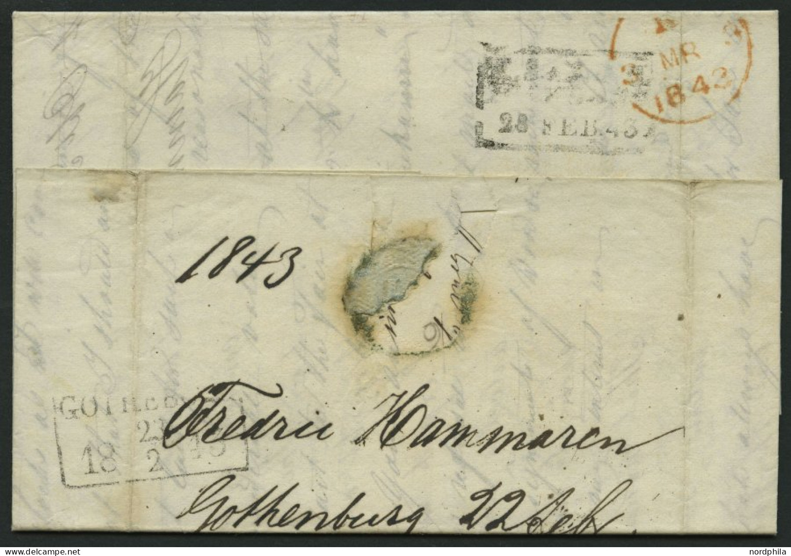 HAMBURG 1843, T 28. FEB, Rote Sonderform Auf Brief Von Göteburg (rückseitiger R3) über Hamburg Nach London, Registraturb - Préphilatélie