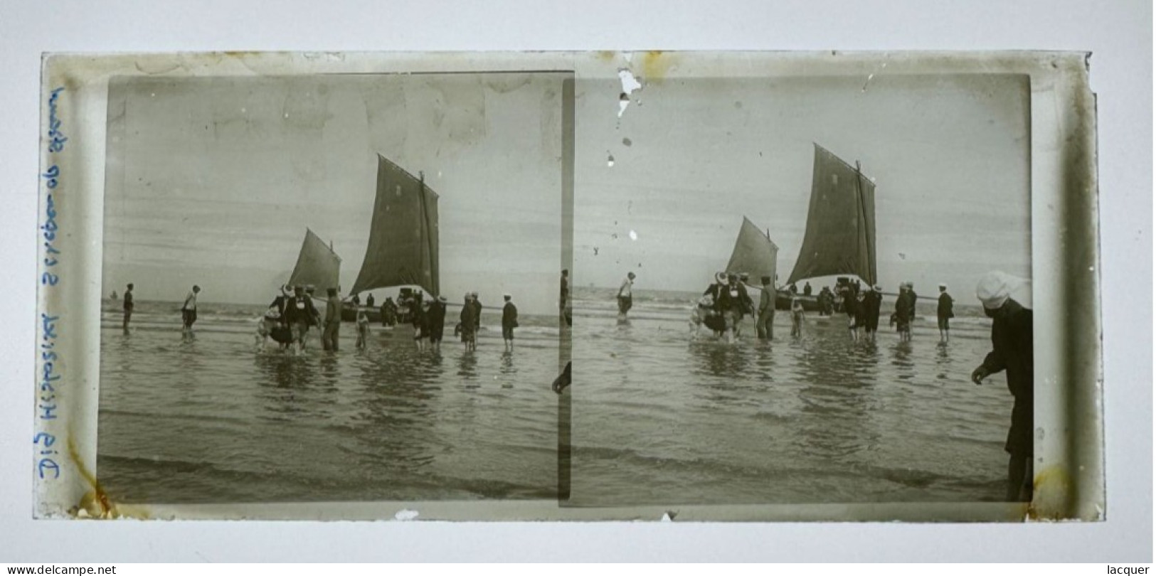 Collection De 6 Photographies Stéréo Sur Verre De La Vie Sur La Plage à Ostende, Belgique V. 1900 8,5 X 17,5 Cm - Photos Stéréoscopiques