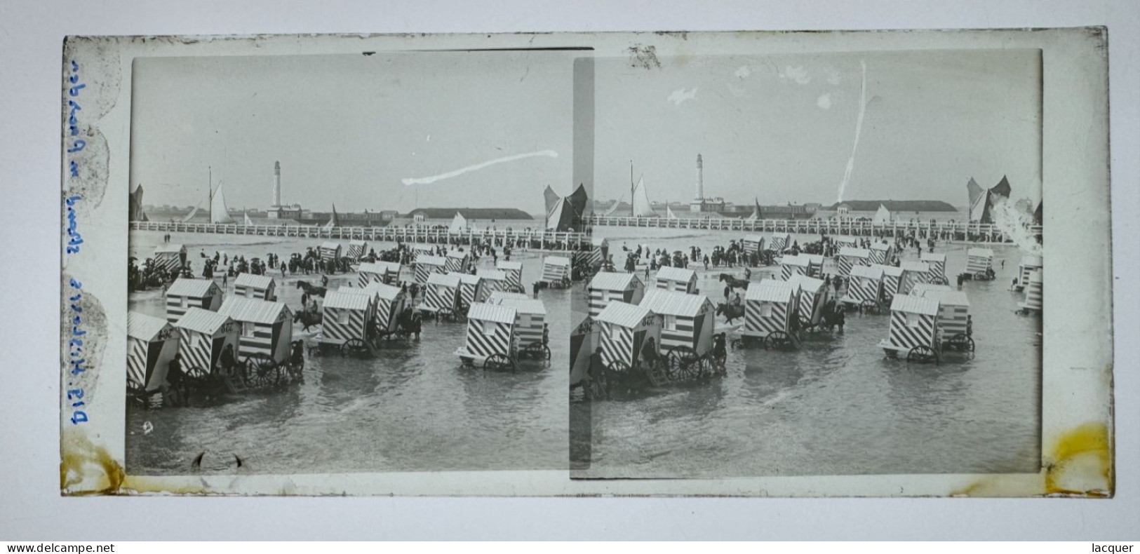Collection De 6 Photographies Stéréo Sur Verre De La Vie Sur La Plage à Ostende, Belgique V. 1900 8,5 X 17,5 Cm - Stereo-Photographie