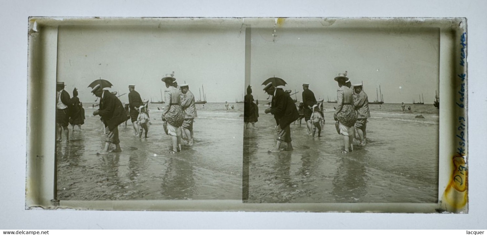 Collection de 6 photographies stéréo sur verre de la vie sur la plage à Ostende, Belgique v. 1900 8,5 x 17,5 cm