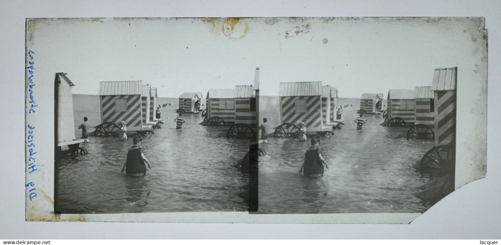 Collection de 6 photographies stéréo sur verre de la vie sur la plage à Ostende, Belgique v. 1900 8,5 x 17,5 cm