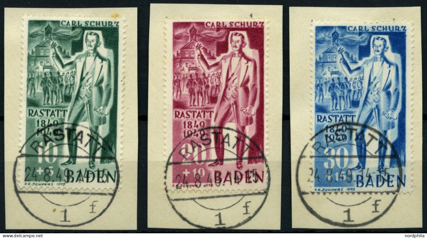BADEN 50-52 BrfStk, 1949, Schurz Auf Briefstücken Mit Ersttagsstempeln, Prachtsatz, Gepr. Schlegel, Mi. (110.-) - Bade