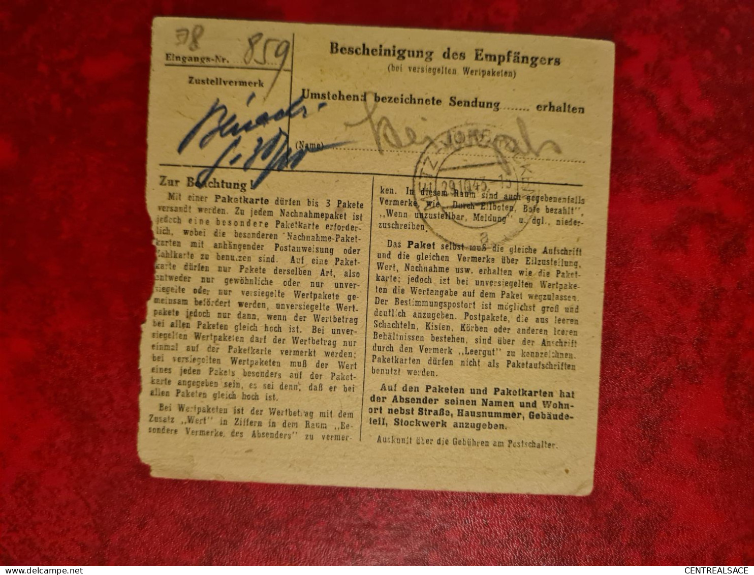 Lettre Allemagne 1945 PAKETKARTE KIRCHHEIMBOLANDE - Other & Unclassified