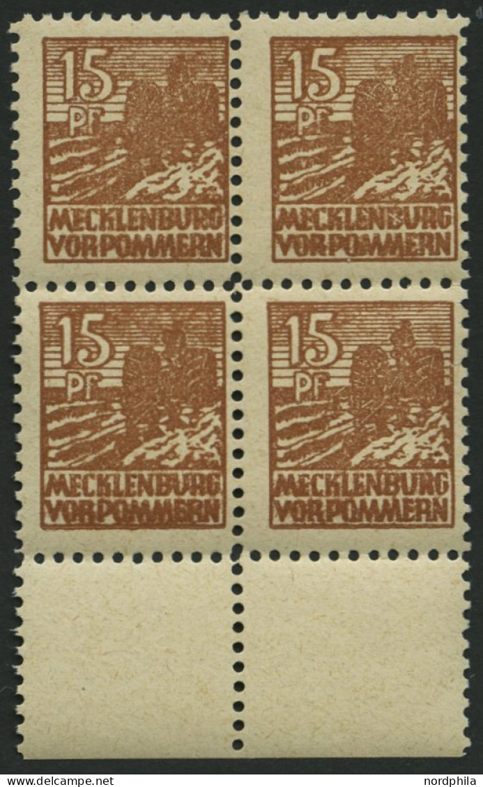 MECKLENBURG-VORPOMMERN 37zaDZ VB **, 1946, 15 Pf. Gelbbraun, Dünnes Papier, Im Viererblock Mit Druckereizeichen, Pracht, - Other & Unclassified