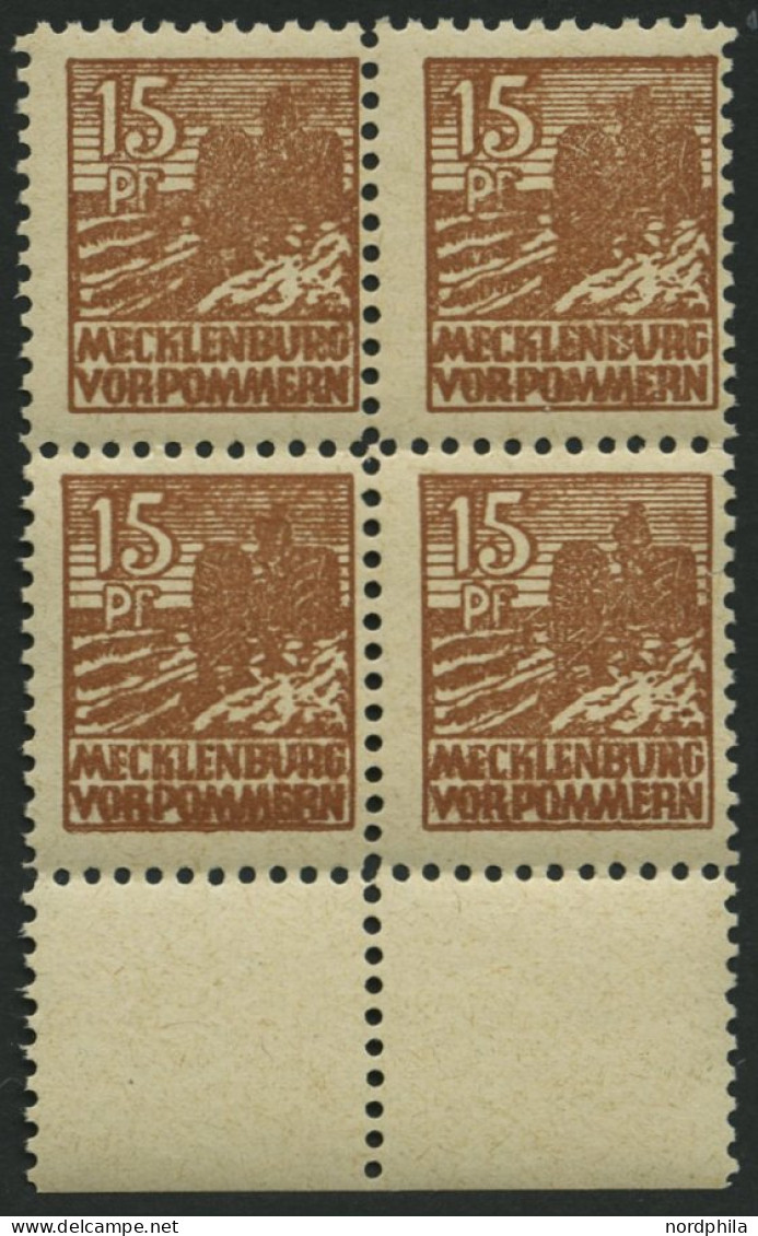 MECKLENBURG-VORPOMMERN 37zaDZ VB **, 1946, 15 Pf. Gelbbraun, Dünnes Papier, Im Viererblock Mit Druckereizeichen, Pracht, - Sonstige & Ohne Zuordnung