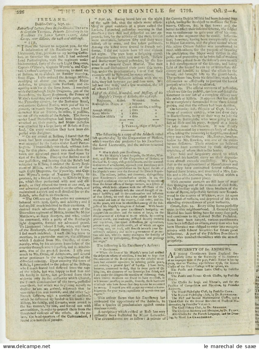 London Chronicle 1798 Battle Of The Nile Nelson Abukir & Battle Of Killala Irish Rebellion United Irishmen 8 Pp - Storia