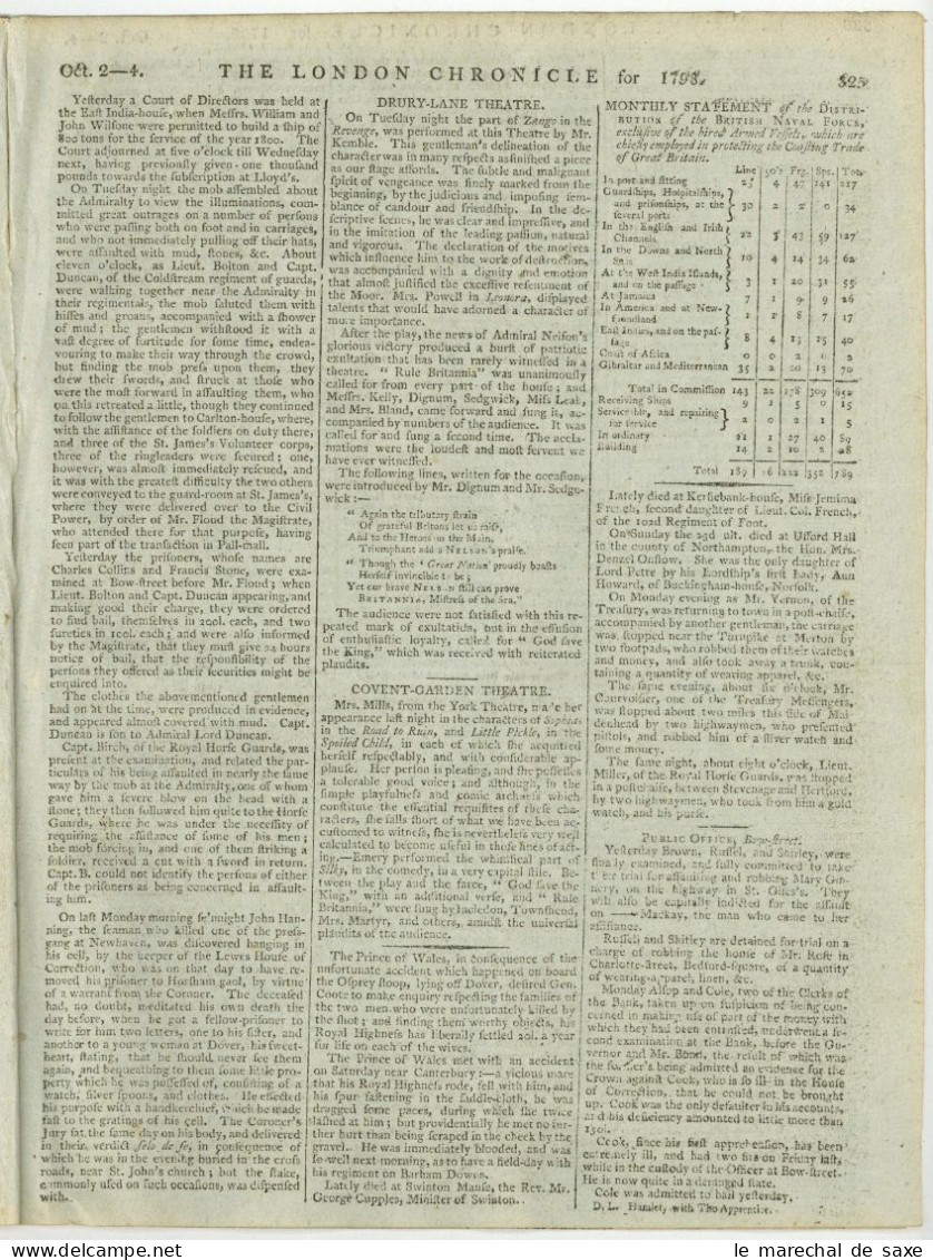 London Chronicle 1798 Battle Of The Nile Nelson Abukir & Battle Of Killala Irish Rebellion United Irishmen 8 Pp - Histoire