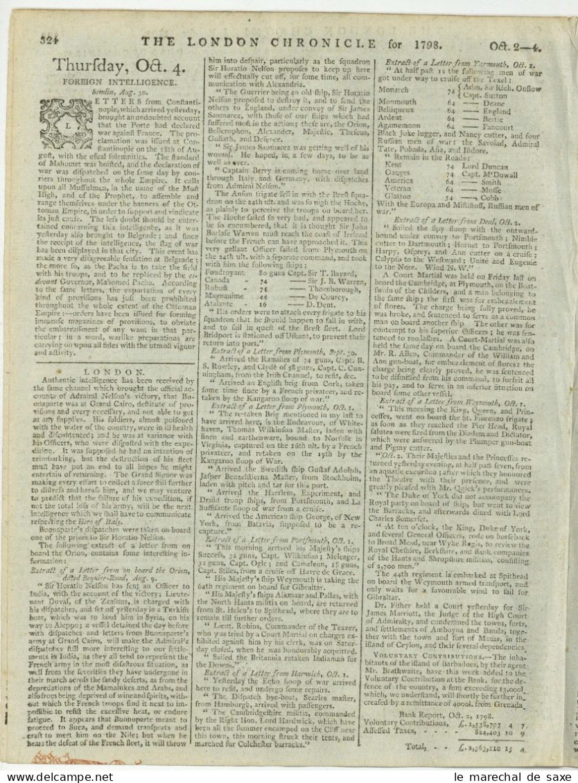 London Chronicle 1798 Battle Of The Nile Nelson Abukir & Battle Of Killala Irish Rebellion United Irishmen 8 Pp - Storia