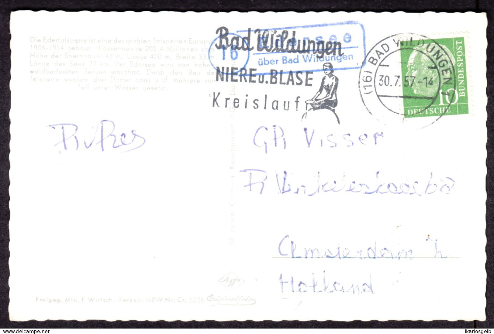 EDERSEE über BAD WILDUNGEN 1957 LANDPOSTSTEMPEL Blau 10Pf-Heuß I 5-Worte-DrS-Tarif A.AK Schloß Waldeck > NL-Amsterdam - Lettres & Documents