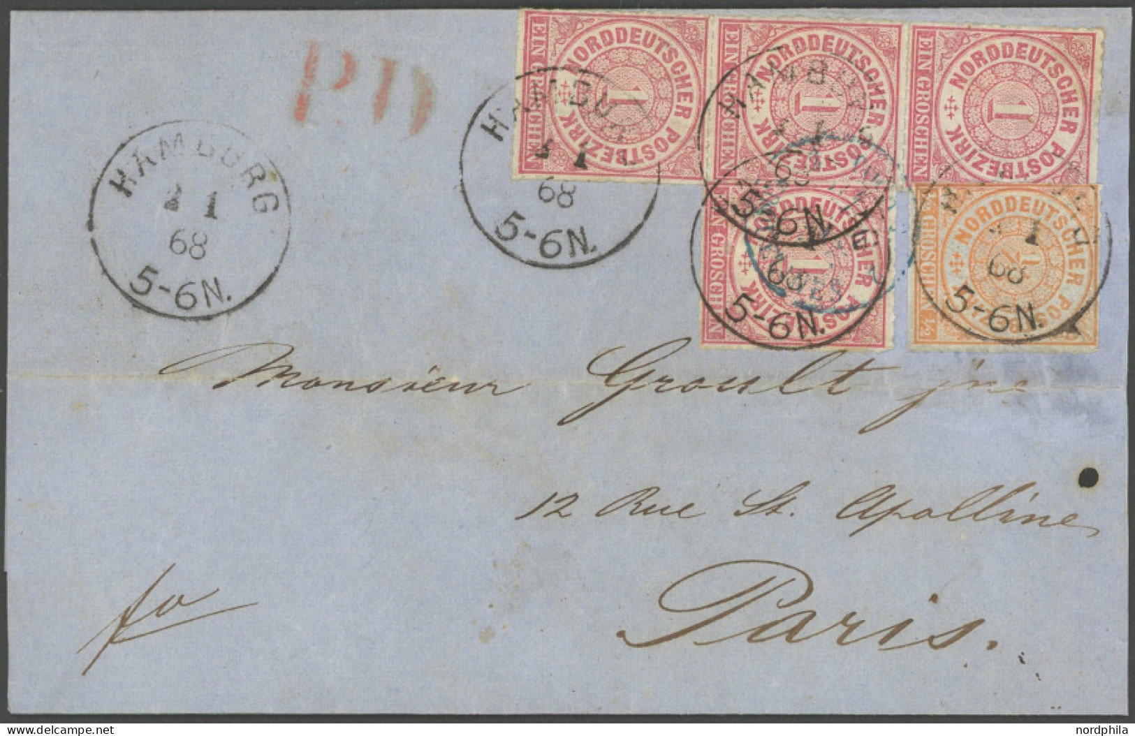 NDP 3,4 BRIEF, 2.1.1868, 1/2 Gr. Orange Und 1 Gr. Mittelrötlichkarmin Im Senkrechten Dreierstreifen Und Einzelmarke Auf  - Lettres & Documents