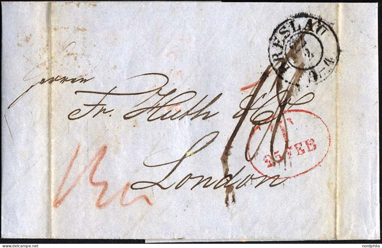 HAMBURG - GRENZÜBERGANGSSTEMPEL 1845, T 25 FEB, In Rot Auf Brief Von BRESLAU Nach London, Rückseitiger Durchgangsstempel - Prephilately