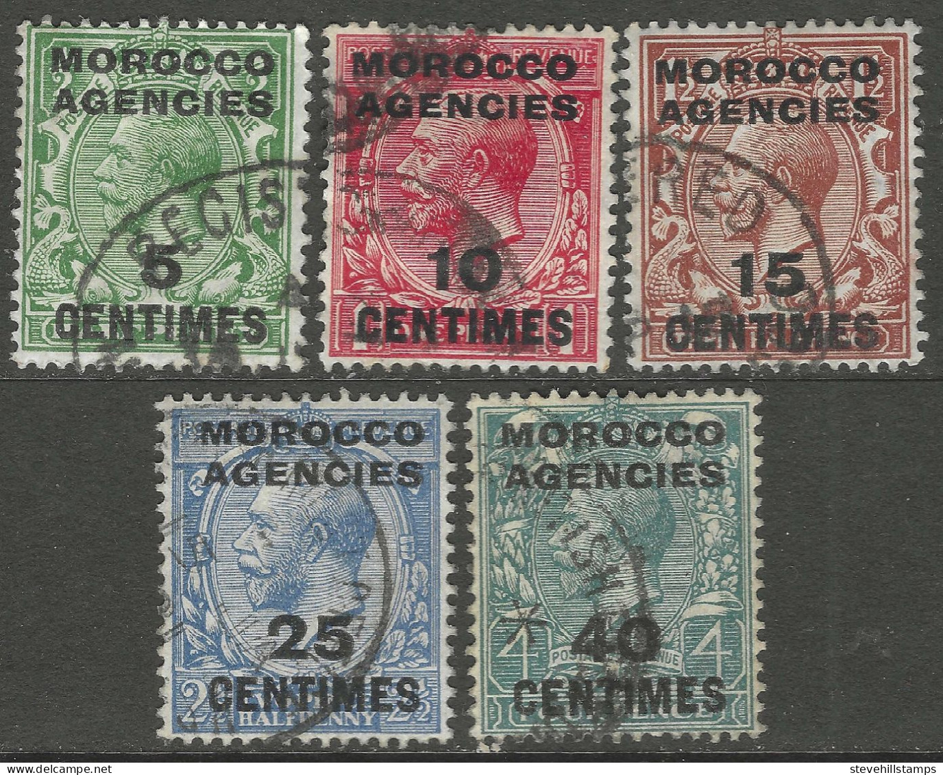 Morocco Agencies (French Currency). 1917-24 KGV, 5 Used Values To 40c. Simple Cypher W/M. SG 192etc. M5083 - Morocco Agencies / Tangier (...-1958)