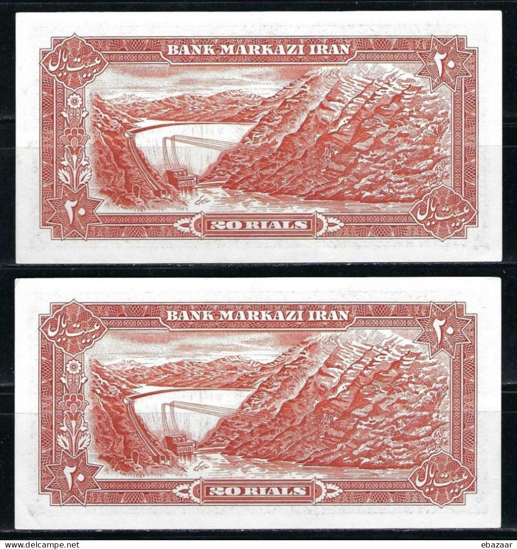 Iran 1977 (Bank Markazi Iran) 2 Banknotes 20 Rials 15th Issue Consecutive Serial Numbers P-100c UNC - Iran