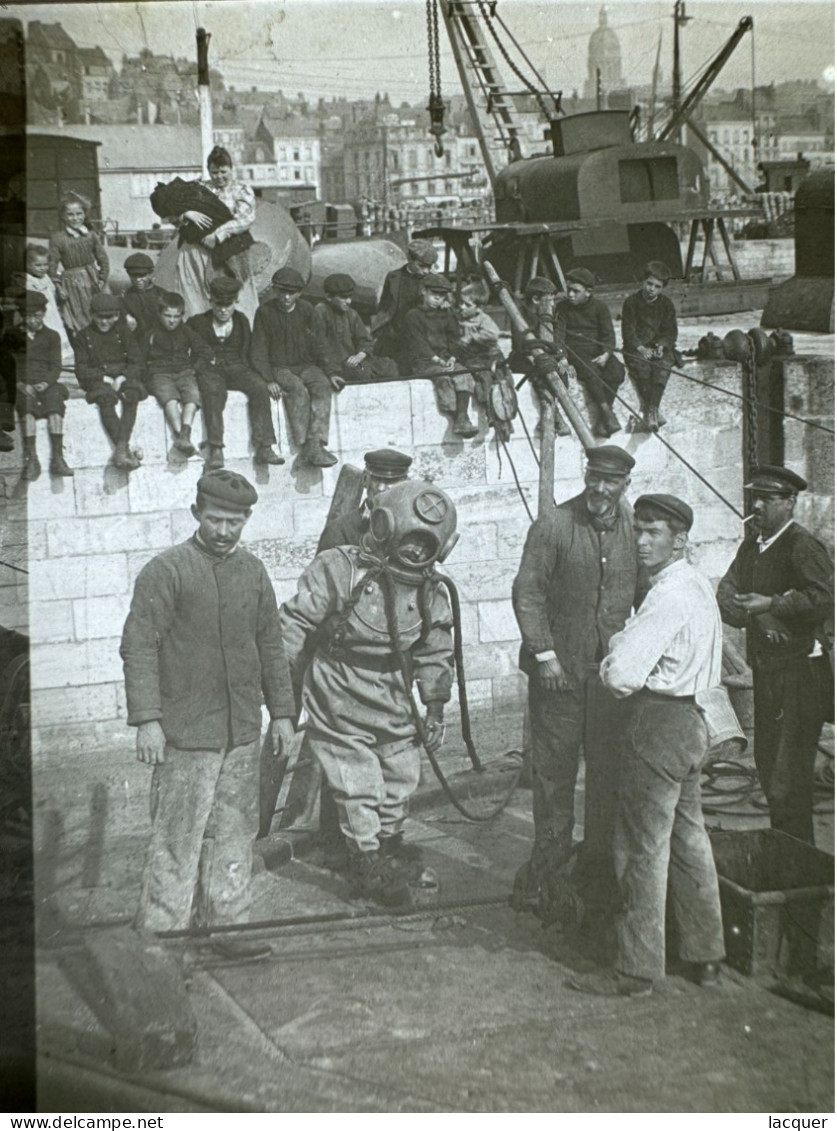 Photo Rare D'un Plongeur Dans Une Vieille Combinaison De Plongée, Boulogne Sur Mer C. 1900 - Photos Stéréoscopiques