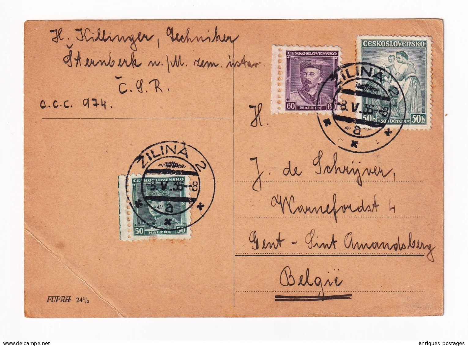 Czechoslovakia 1936 Tchécoslovaquie Zilina Gent Belgique Žilina Slovakia Československo - Lettres & Documents