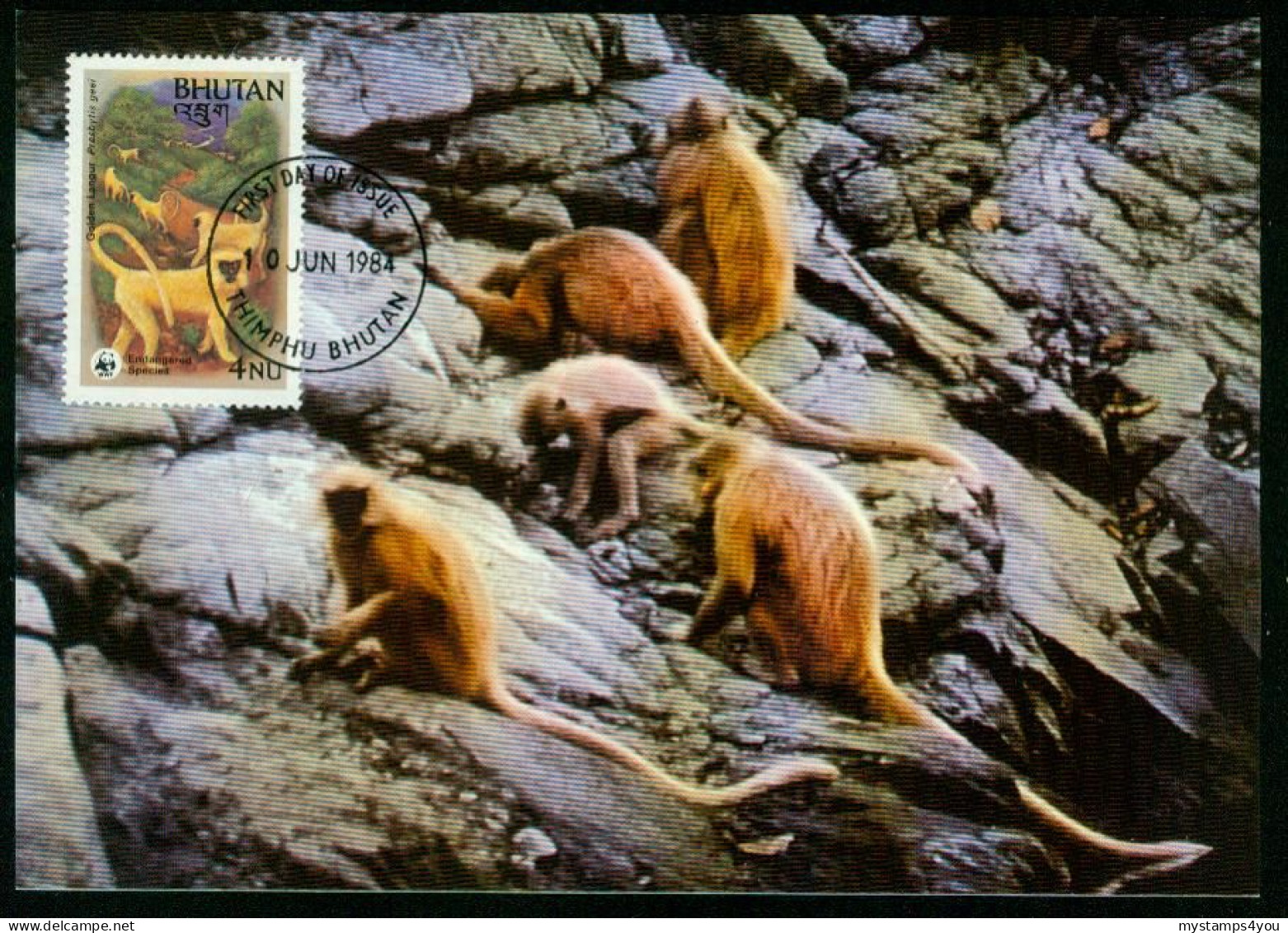 Mk Bhutan Maximum Card 1984 MiNr 843 | Endangered Species. Golden Langur. WWF #max-0074 - Bhoutan