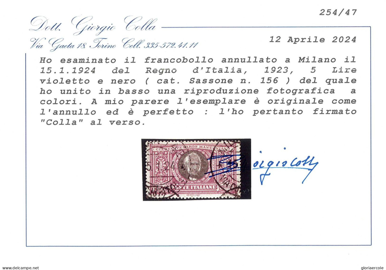 P3102 - ITALIA REGNO, 5 LIRE MANZONI, USATO IN PERIODO, MOLTO BEN CENTRATO CON CERTIFICATO DR. GIORGIO COLLA. - Used