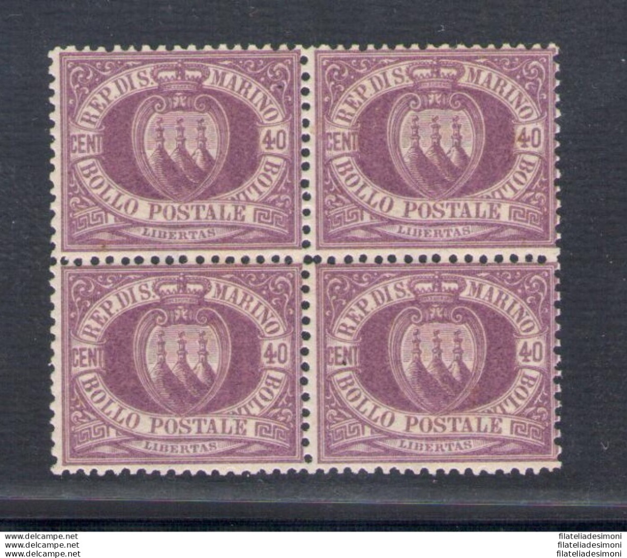 1877 San Marino, Catalogo Sassone N. 7, 40 Lilla Scuro - Blocco Di Quattro - Discreta Centratura - MNH** - Certificato O - Autres & Non Classés