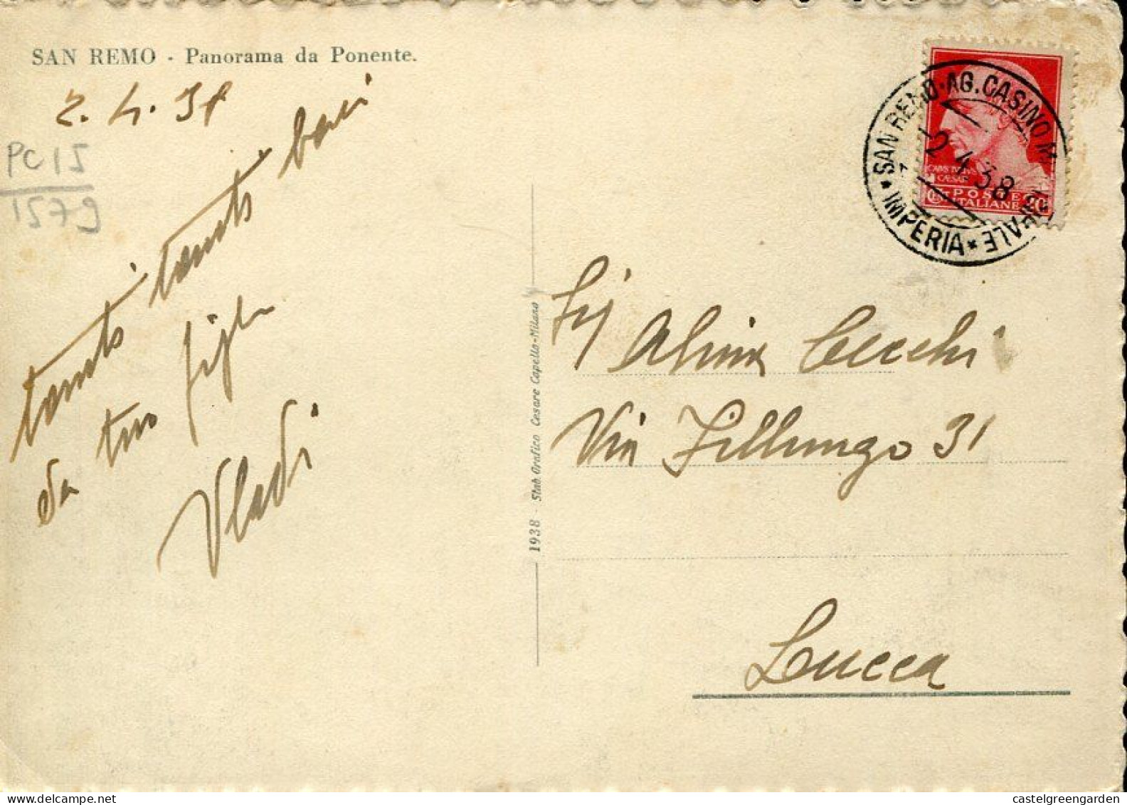 X0587 Italia,circuled Card 1938 With Special Agency Post Office Of Municipal Casino Of San Remo - Marcofilie