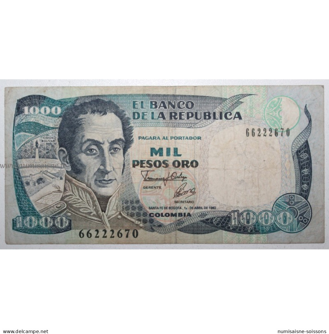 COLOMBIE - PICK 432 A - 1000 PESOS ORO - 01.04.1992 - B/TB - Colombie