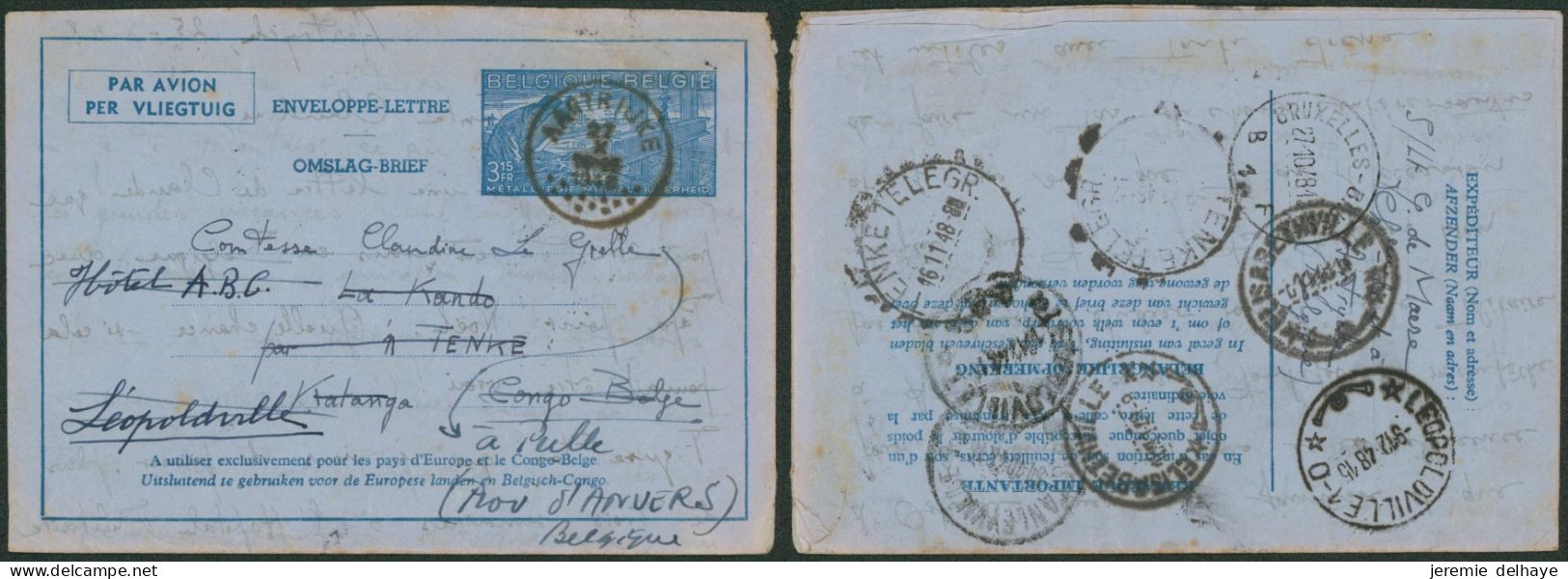 Aérogramme 3F15 Expédié De Aatrijk (1948) > La Kando Par Tenke (Congo), Recherche Léopoldville & Katanga + Verso ! - Lettres & Documents