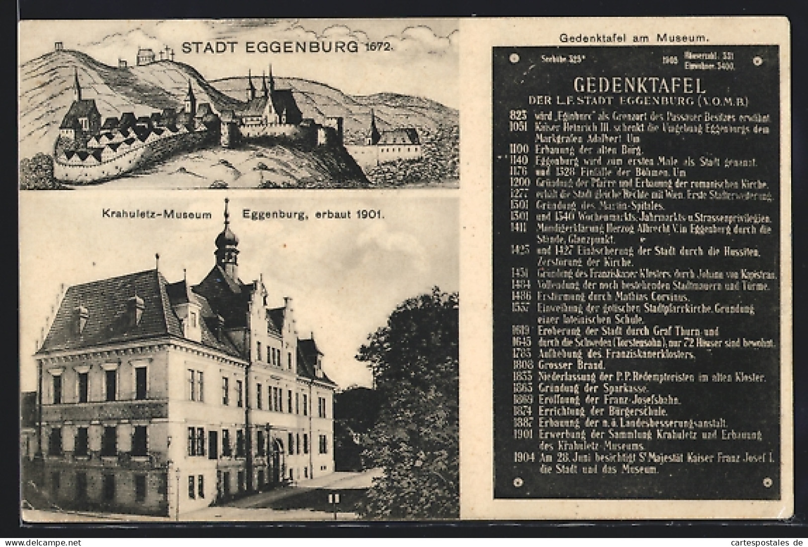 AK Eggenburg, Gedenktafel Mit Historischen Daten, Krahuletz-Museum, Ortsansicht Im Jahr 1672  - Other & Unclassified