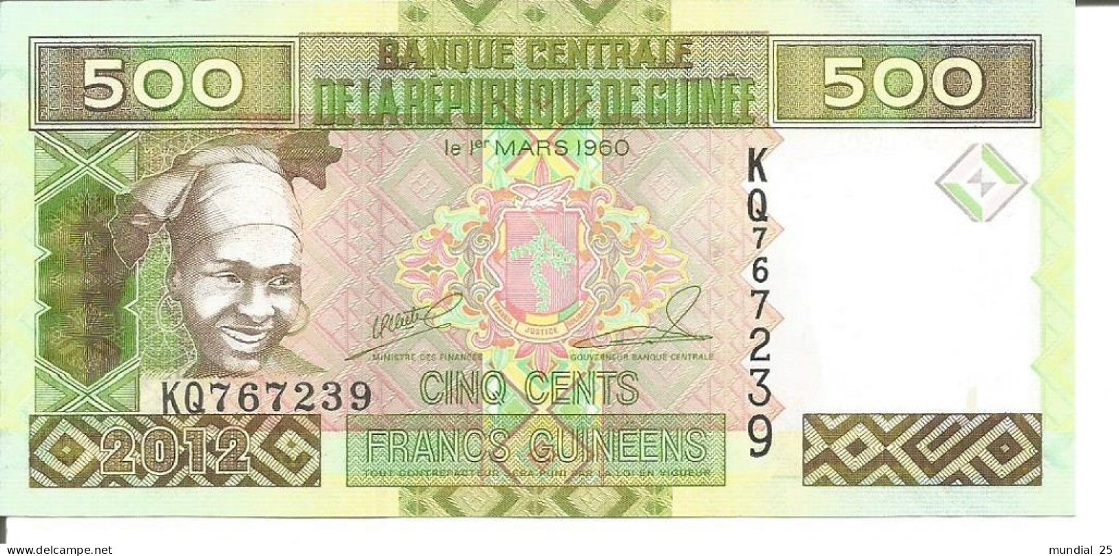 2 GUINEA NOTES 500 FRANCS GUINÉENS 2012 - Guinée