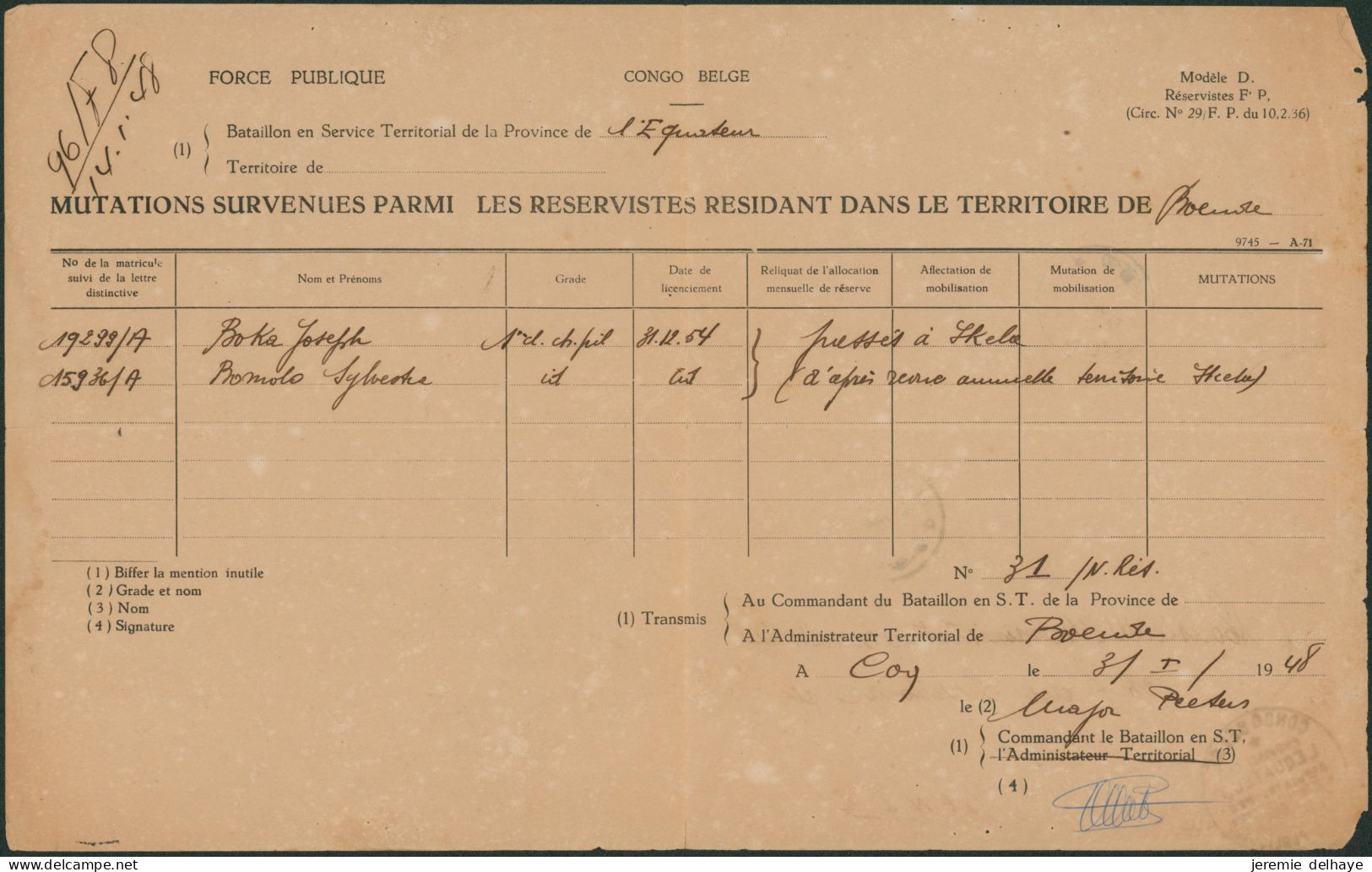 Document De La Force Publique "Bataillon En Service Territorial De La Province De L'équateur" De Coquilhatville 1948 > B - Brieven En Documenten