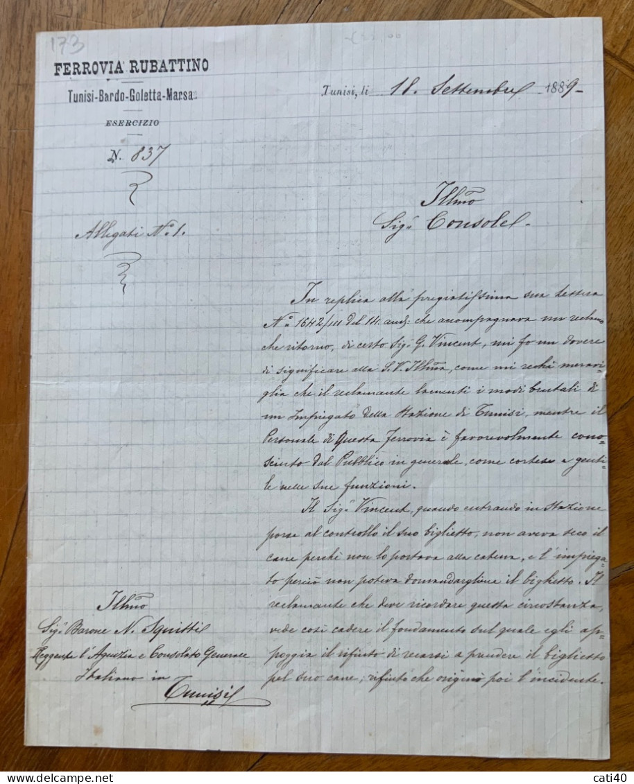 FERROVIA RUBATTINO - TUNISI-BARDO-GOLETTA-MARSA  - LETTERA AL CONSOLE DEL 18 Settembre 1889 Per Un Reclamo... - Documenti Storici