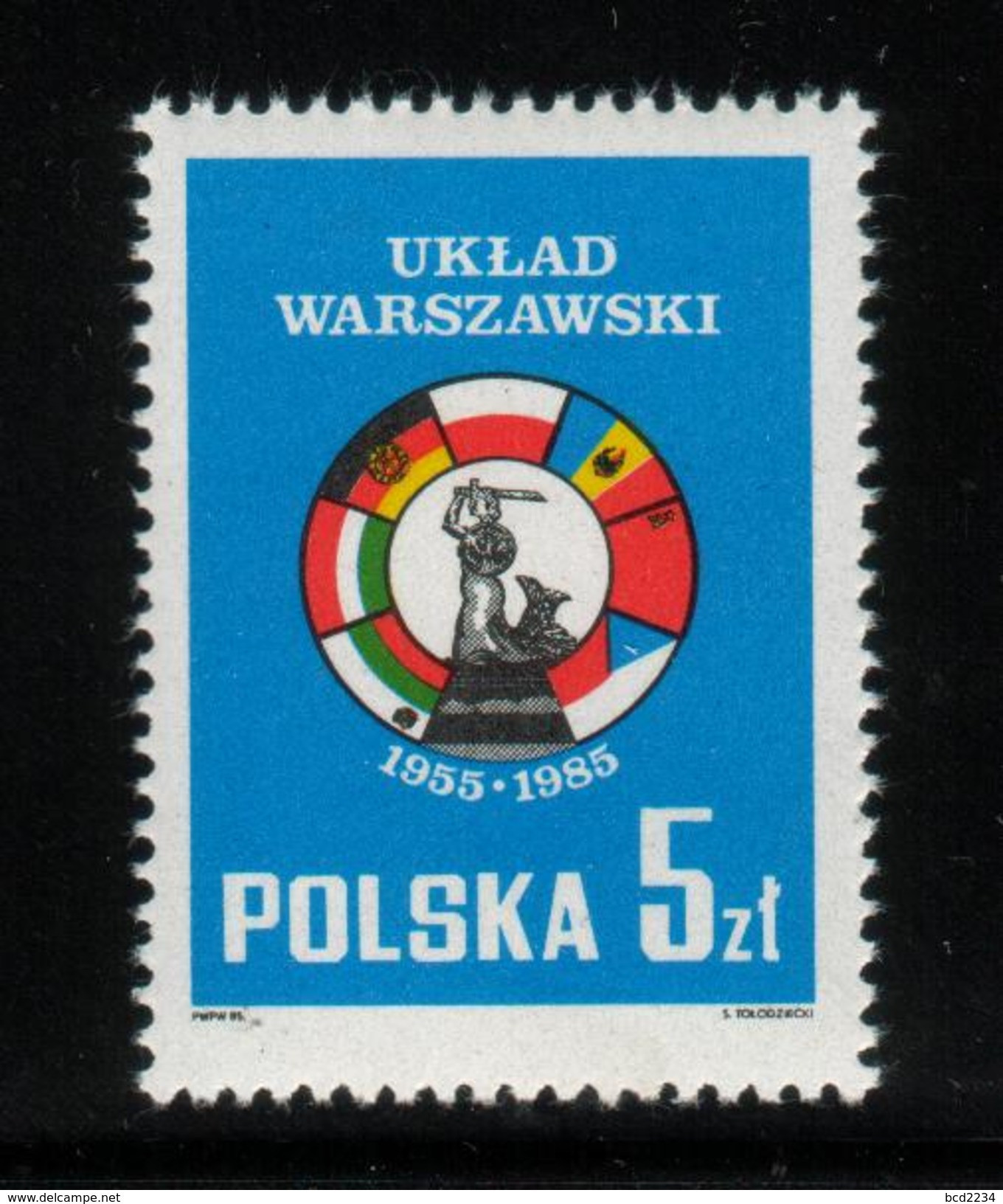 POLAND 1985 30TH ANNIVERSARY OF THE WARSAW PACT 1955-1985 NHM Mermaid Of Warszawa Flags - Ungebraucht
