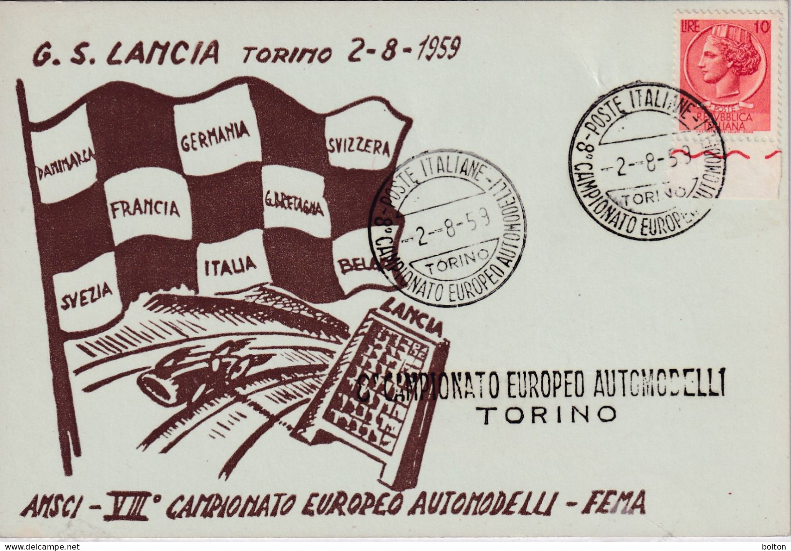 1959 ANNULLO SPECIALE 8° CAMPIONATO EUROPEO AJUTOMODELLI TORINO - Automobile