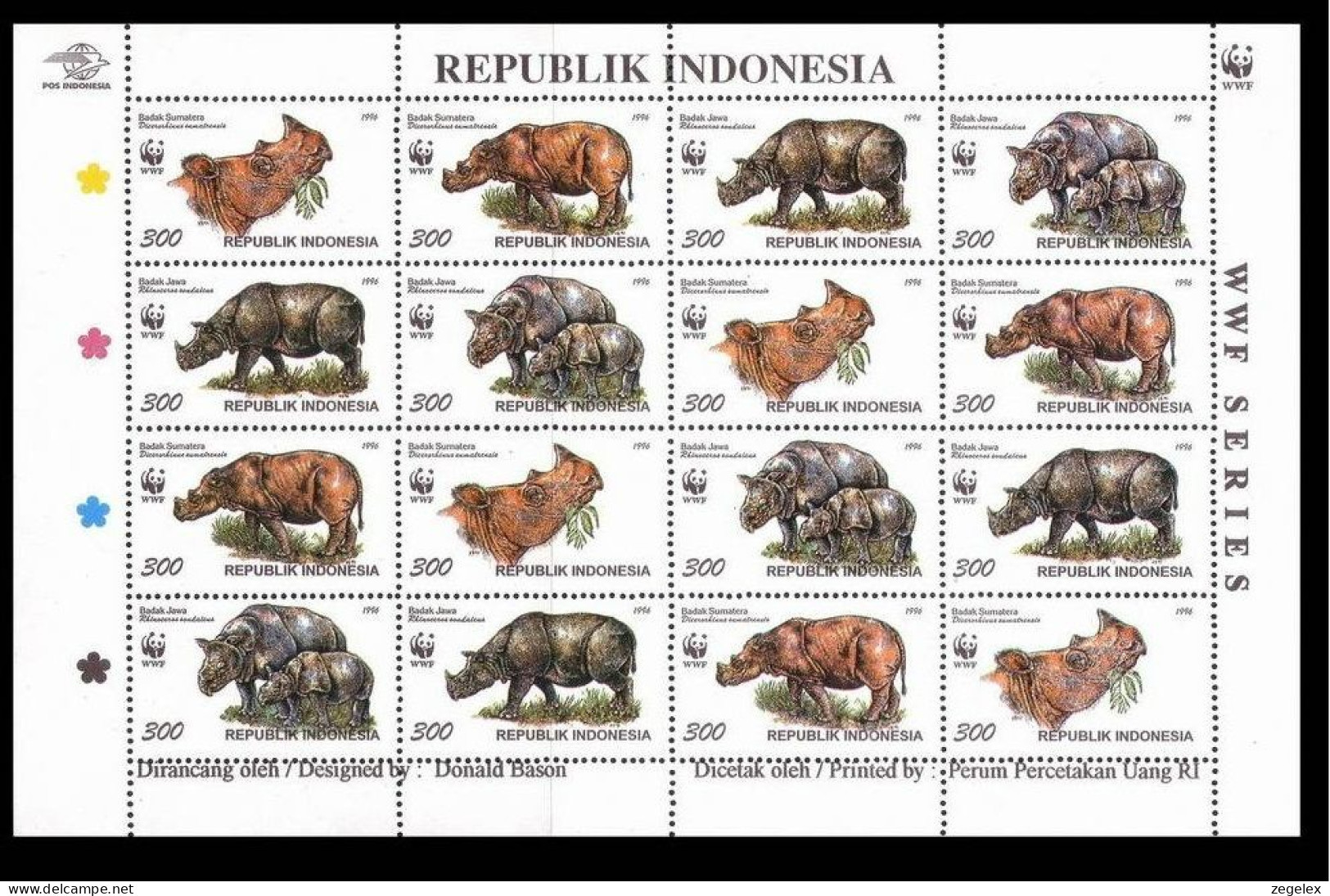 Indonesia 1996**  WWF Neushoorns, Sheet Of 16 Stamps ZBL1723/26V  MNH ** Postfris - Indonesia