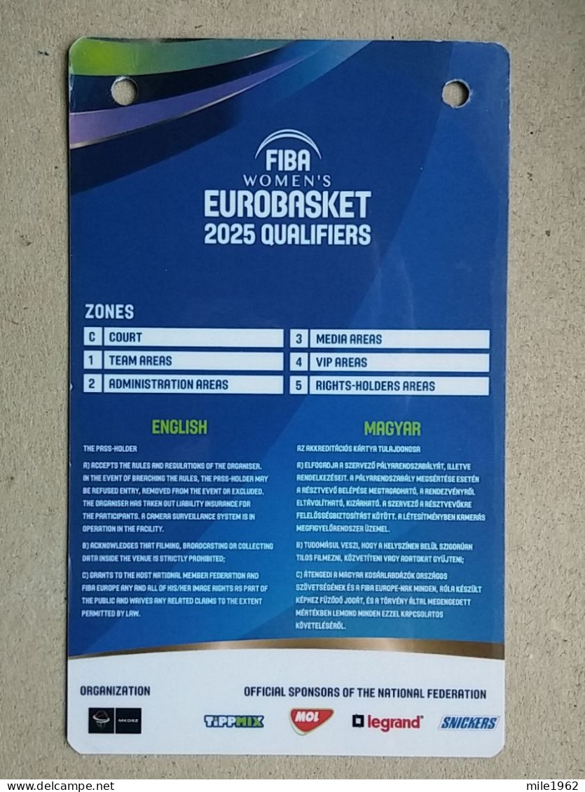 BASKETBALL FIBA WOMEN S EUROBASKET 2025 QUALIFIERS, SLOVENIA - HUNGARY 2023, Accreditation  - Kleding, Souvenirs & Andere