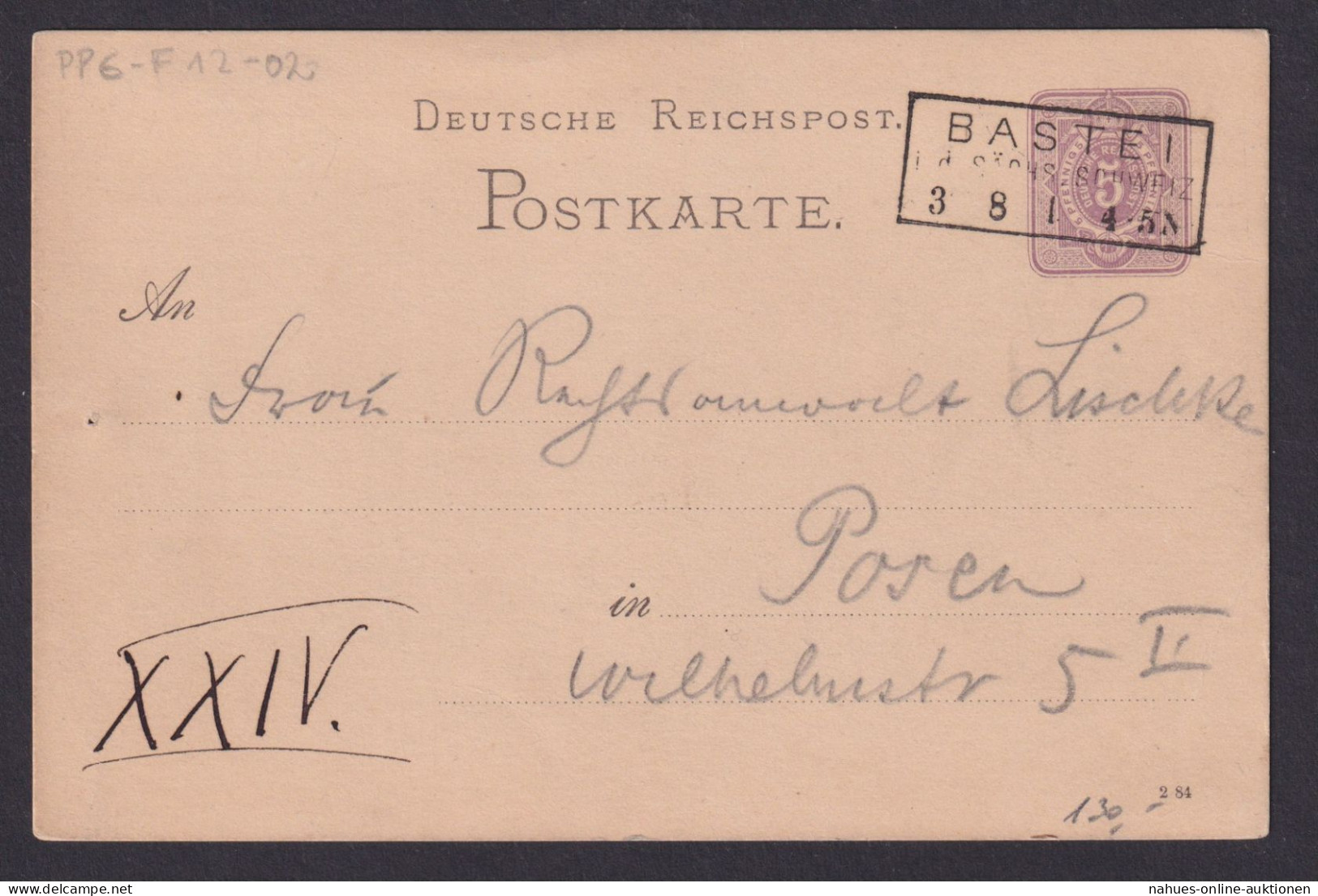 Bastei Vorläufer Privatganzsache Sachsen Sehr Frühe Karte Nach Posen 3.8.1884 - Autres & Non Classés