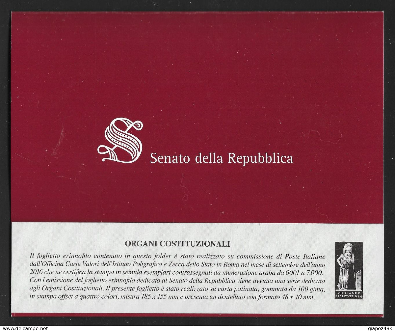 ● 2016  Folder Con Foglietto Erinnofilo ֍ Senato Della Repubblica ● Nuovo** ● Numerato ● - Pochettes