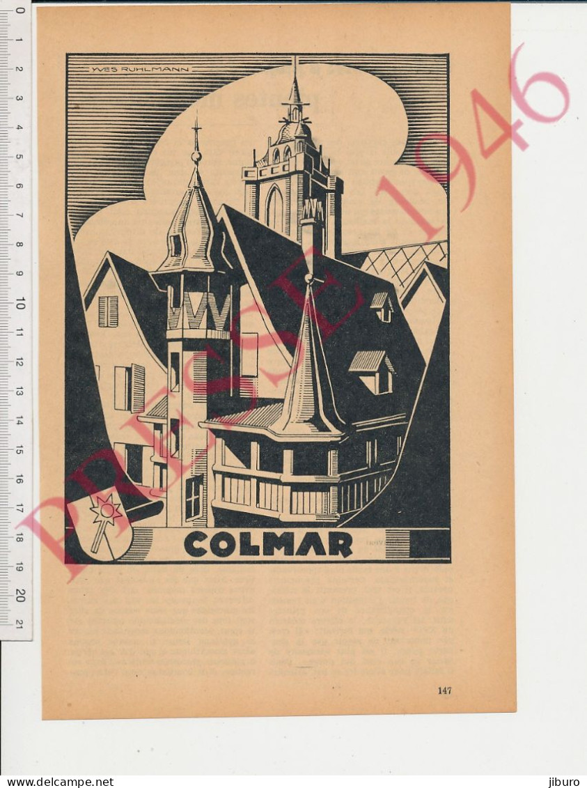 Gravure Presse 1946 Format 24 X 16 Cm Dessin De Yves Ruhlmann Vieux Colmar Alsace Cathédrale Maison Plister - Non Classés